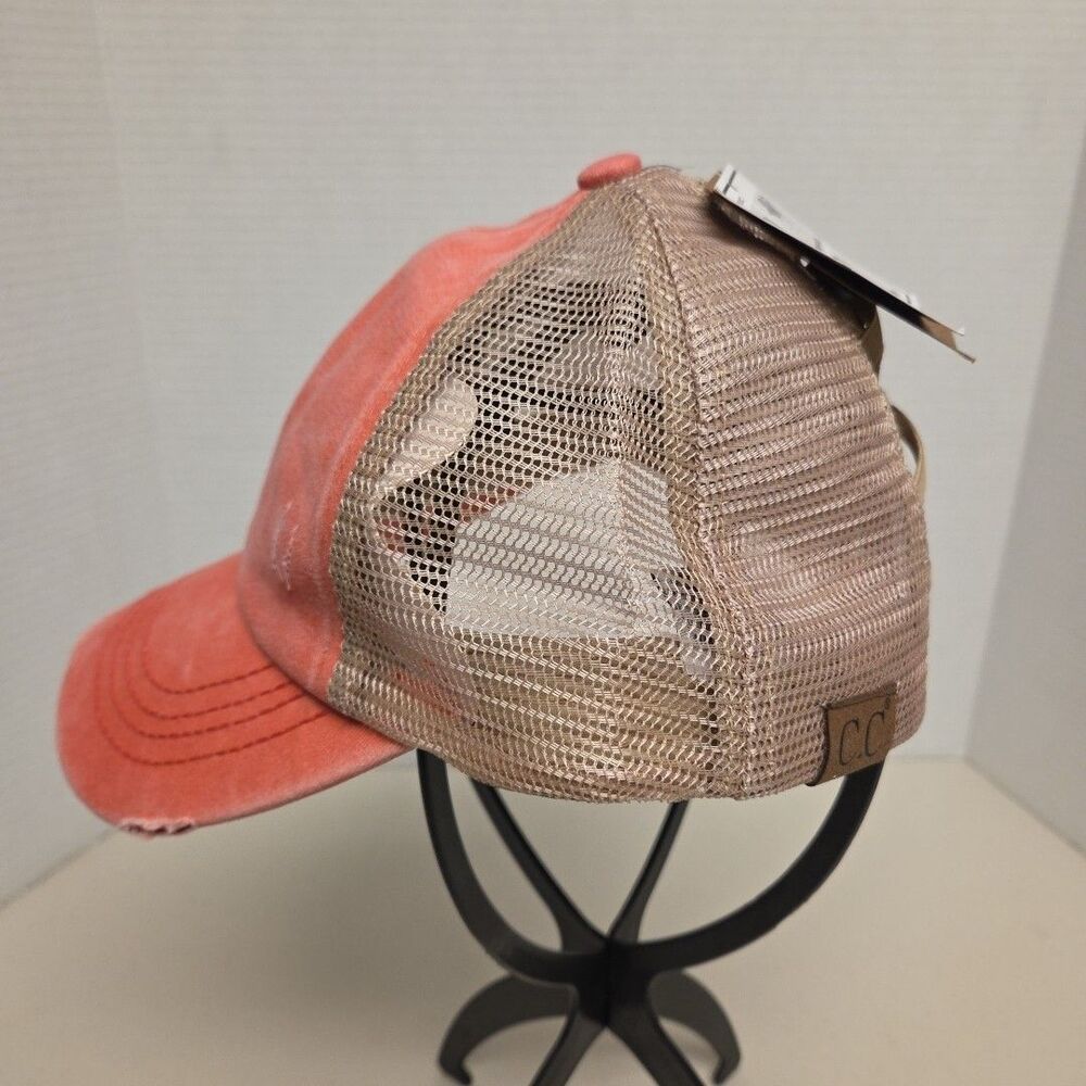 C.C Distressed Womens Criss Cross High Bun Ponytail Adjust Pink Baseball Cap Hat - Picture 3 of 11